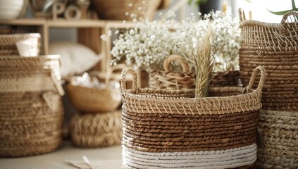 Fototapeta premium Mockup packaging striped woven basket, artisanal and organic home decor branding, personalized basket insert text, free copy space