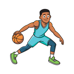 Young cartoon basketball player in a blue jersey with a ball.vector illustration on a white background