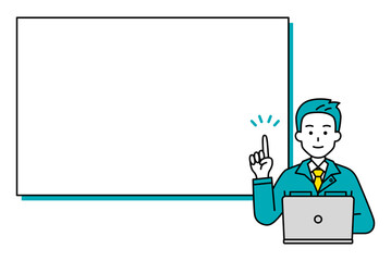 ホワイトボードで説明するノートパソコンで仕事をしている作業着の男性