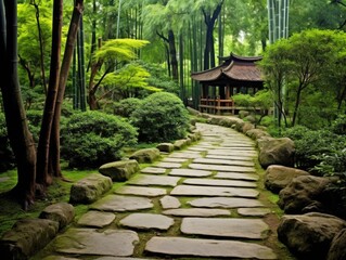 Naklejka premium Tranquil Zen Garden Oasis with Stone Path and Bamboo Trees for Meditation and Relaxation