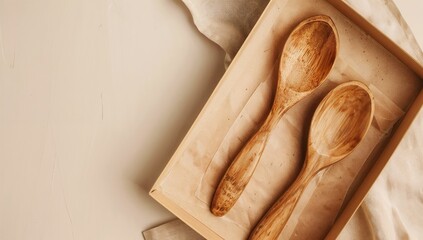 Mockup packaging hand-carved wooden spoons, artisanal and organic kitchenware branding, personalized spoon insert text, free copy space