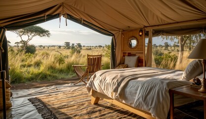 Fototapeta premium Glamping safari tent in the heart of the Serengeti, canvas walls offering an immersive connection to the untamed wilderness