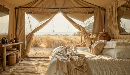 Glamping safari tent in the heart of the Serengeti, canvas walls offering an immersive connection to the untamed wilderness