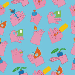 Different hand poses.  Flat illustration. Seamless pattern