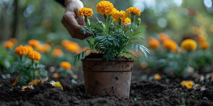Planting Orange Marigold Flowers in Terracotta Pot. Concept Gardening, Flower Planting, Marigold Flowers, Terracotta Pot, Orange Flowers