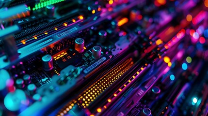 A close-up shot of a server with intricate circuitry illuminated with colorful data streams, representing complex data processing.