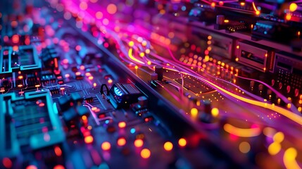 A close-up shot of a server with intricate circuitry illuminated with colorful data streams, representing complex data processing.
