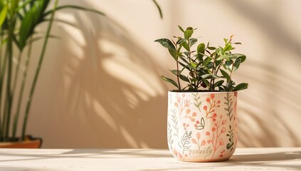 Obraz premium Mockup packaging patterned ceramic planter, artisanal and organic gardening branding, personalized planter insert text, free copy space