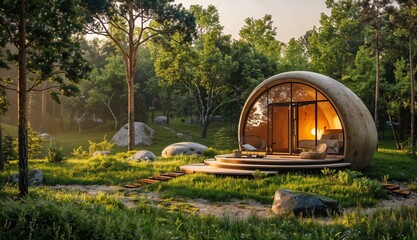 Minimal geo-dome nestled in a lush meadow, clean lines and natural materials creating a serene and tranquil retreat