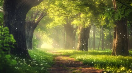 Obraz premium The photo shows a beautiful park with a long walking path. The trees are tall and lush, and the sun is shining brightly. The path is surrounded by green grass and flowers.