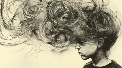 Fototapeta premium A drawing of a girl with long hair and a frowning face. The hair is messy and tangled, and the girl's expression is sad. The drawing conveys a sense of loneliness and despair