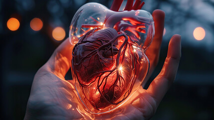 A transparent, glowing model of a heart on one hand