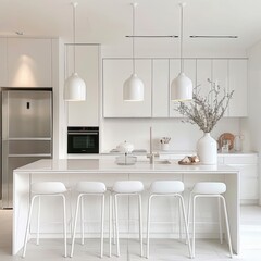 Minimalist white kitchen interior with modern pendant lights, a sleek built-in fridge, and an all-white palette