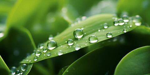water drops on a green leaf, Water droplets on green leaves, Sparkling water droplets on green leaves AI Generative

