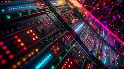 A close-up shot of a server with intricate circuitry illuminated with colorful data streams, representing complex data processing.