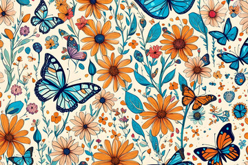 Primavera, estate. Fiori, margherite e farfalle da utilizzare come sfondo e texture.