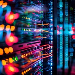 A close-up shot of a server with intricate circuitry illuminated with colorful data streams, representing complex data processing.