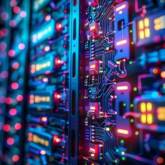 A close-up shot of a server with intricate circuitry illuminated with colorful data streams, representing complex data processing.