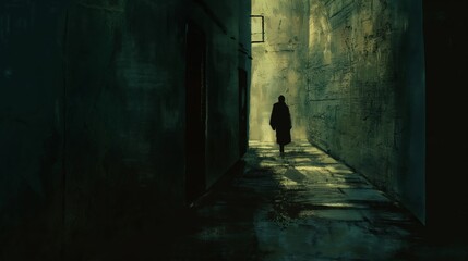 A man walks down a dark hallway. The hallway is empty and the man is the only person in the scene. Scene is eerie and lonely
