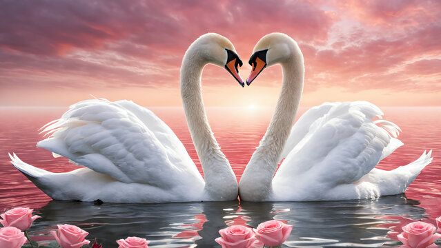 swans lover forming a heart shape on a pink lake with rose. romantic valentine background. wedding card.