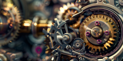 Close up of inner structure of mechanical clock mechanism, intricate details in focus - gears and metal parts