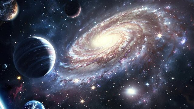 A galaxy in the space. Colorful cosmic nebula. Galaxy space background. Galaxies stars and nebula in space. View from space to a spiral galaxy and stars. Beautiful space, many stars and planets. 4K 