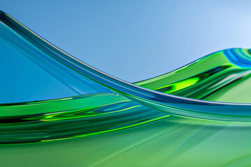 Fluid Glass Waves, Abstract sculpture of flowing glass in shades of blue and green, resembling ocean waves.