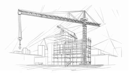 Architectural Sketch of Construction Site with Tower Crane and Building Framework