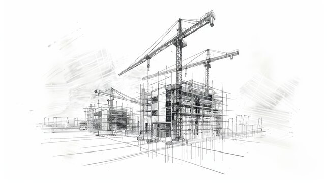 Modern Urban Construction Concept with Cranes. Architectural Sketch of Building Site