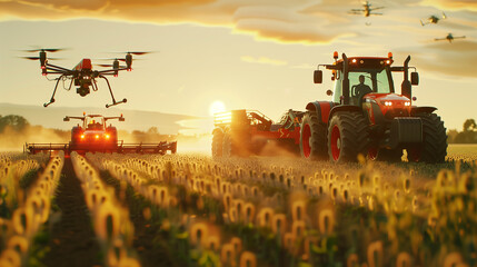 A field of green plants is being tended to by a tractor and two drones. The drones are flying above the tractor, possibly collecting data or monitoring the crops. Concept of modern technology