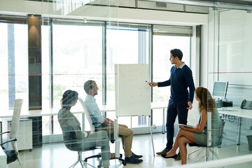 Man, presentation and group in boardroom meeting, business planning and white board demonstration....