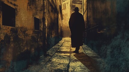 A man is walking down a dark alleyway. The alleyway is narrow and has a lot of shadows. The man is wearing a hat and a coat. Scene is mysterious and eerie