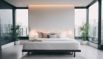 minimalist bedroom design with white sheets and bright colors, luxury hotel concept
