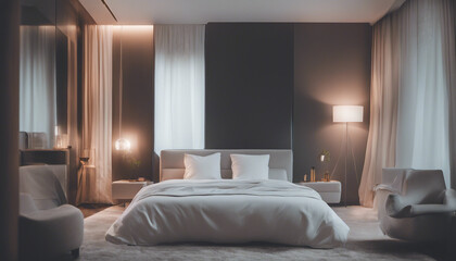minimalist bedroom design with white sheets and bright colors, luxury hotel concept
