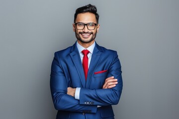 Young indian businessman in blue color suit standing confidently and smiling - Powered by Adobe