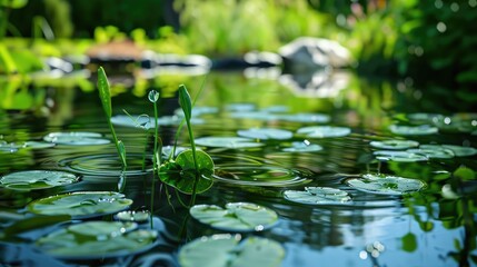 A picturesque and pristine pond with a floating skimmer removing debris from the water s surface Close up view with space for text