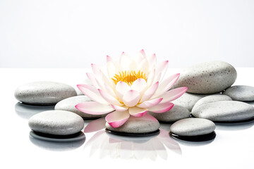 Pink Lotus Flower and Grey Stones on a White Background