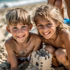 Portrait of a boy and a girl playing in the sand on the beach. A summer day at the beach and the kids are building a sandcastle.
