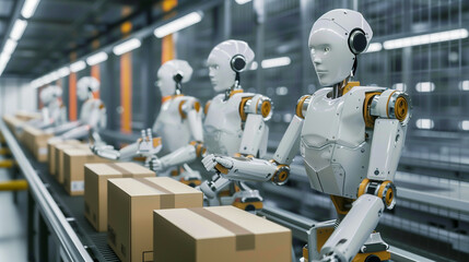 Naklejka premium A robot is working on a conveyor belt in a factory. The robot is white and has blue eyes. There are several other robots in the scene, all working on the same conveyor belt