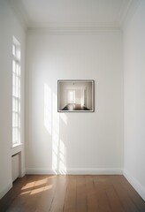 Mock up Interior blank black frame hanging on a white wall