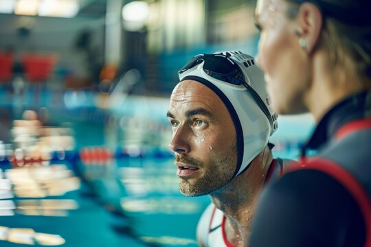 Focused Swimmer Receiving Coaching Poolside - Professional Training, Athletic Development, and Motivational Support