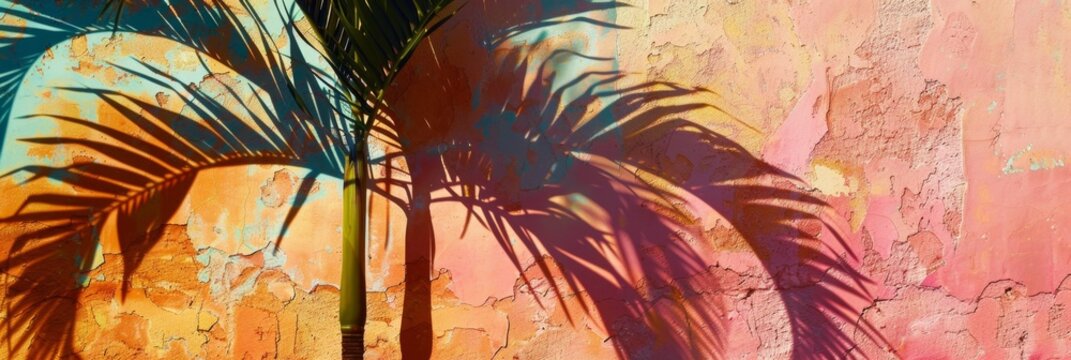Palm tree shadows on color gypsum rough plaster background, palm branch on shabby wall pattern