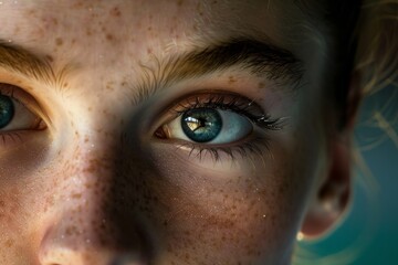 Close-Up of Determined Gymnast's Face with Focus on Blue Eye and Freckles in Gymnasium Setting - Inspiring Athletic Portrait