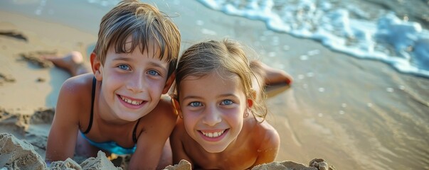 Portrait of a boy and a girl playing in the sand on the beach. A summer day at the beach and the kids are building a sandcastle.