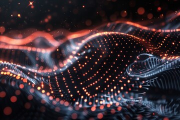 Lots of bright shining dots and particles are forming volatile pattern on a black background. Abstract background, three dimensional digitally generated picture