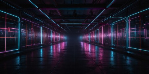 Energetic neon lights in a digital tunnel, shaping a futuristic backdrop with network lines.