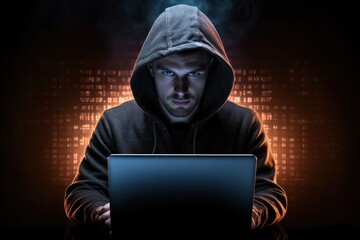 Hacker with hood and laptop Dangers from online networks cyber threats