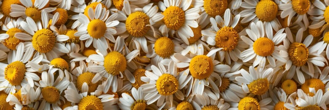 Chamomile flower texture background, dry Matricaria chamomilla flowers pattern, blooming white head