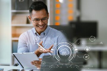 Hand touching Secure Access Service Edge icon on smartphone virtual screen background, password, network, framework and support technology in office. SASE secure access service edge concept.