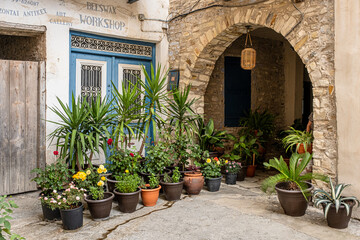 Pano Lefkara village, Larnaka region, Cyprus-May 24, 2024: Stone houses, white walls, narrow...